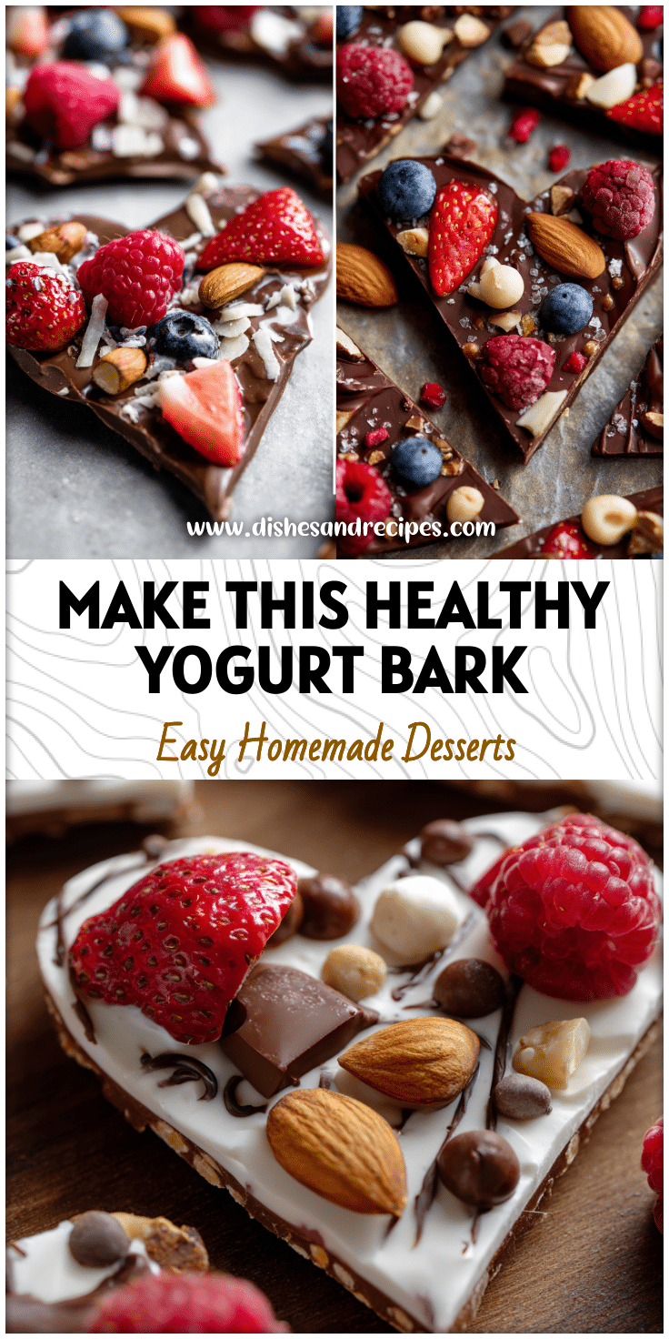 Heart-shaped chocolate Greek yogurt bark topped with berries and nuts, a Super Healthy Desserts Clean Eating idea for Healthy Desserts For Sweet Tooth and Best Snacks For Dieting.